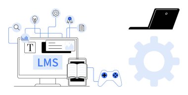LMS arayüzü, kitabı, oyun denetleyicisi olan masaüstü, öğrenme araçları ve çevrimiçi kaynaklar, dizüstü bilgisayar, dişli ikonlar. Çevrimiçi eğitim, e-öğrenme platformları, gamifikasyon becerileri geliştirme için ideal