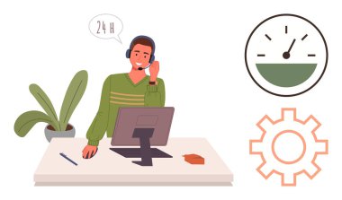 Masasında kulaklığı, bilgisayarı, saati ve teçhizatı olan adam müşteri hizmetlerini, verimliliği ve verimliliği simgeliyor. Müşteri desteği, takım çalışması, teknoloji hizmeti yönetimi için ideal