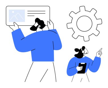 Dijital içerik paneliyle etkileşim halinde olan iki profesyonel, ayar teçhizatı temsilciliğiyle birlikte. Takım çalışması, teknoloji, işbirliği, planlama, yenilik, problem çözme, modern