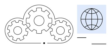 Küresel ağ şebekesi ile eşleştirilmiş, işbirliği ve teknolojiyi gösteren bir bulut simgesi içindeki bütünleşik dişliler. Bulut hizmetleri, yenilik, veri yönetimi, küreselleşme ve takım çalışması için ideal