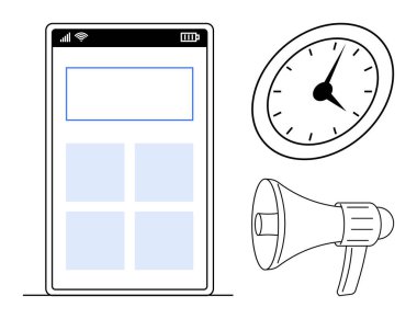 Uygulama düzeni, saat ve megafonu simgeleyen akıllı telefon ekran tasarımı zaman yönetimi, hatırlatıcılar, verimlilik, iletişim, pazarlama, aciliyet ve basitliği simgeler. Dijital uyarılar için ideal