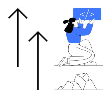 Diz çöküp kod üzerinde çalışan kişi, ilerlemeyi ve engelleri simgeleyen kayaları gösteren oklarla birlikte. Teknoloji geliştirme, girişimler, motivasyon, problem çözme, büyüme ve öğrenme için ideal