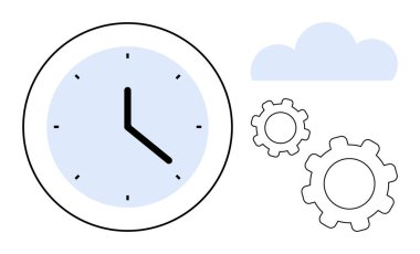 Vitesli minimalist saat ve üretkenliği, zaman yönetimini, bulut hesaplamasını, iş akışını, sistem optimizasyonunu, yeniliği ve verimliliği vurgulayan bir bulut sembolü. Basit bir iniş sayfası için ideal
