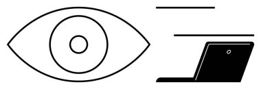 Göz aydınlatma görüşü, iç görü ve veri akışını andıran yatay çizgileri olan bir dizüstü bilgisayarın yanına odaklanma. Teknoloji, izleme, izleme, siber güvenlik, analitik ve dijital trendler için ideal