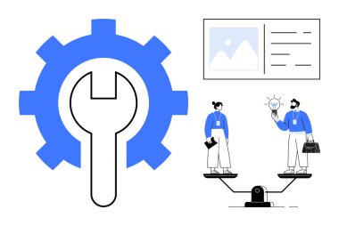 İç vites, denge ölçeğinde iki figür paylaşım fikirleri ve dosya belgesi arayüzü. Takım çalışması, denge, eşitlik, yenilik, problem çözme yönetimi ve işbirliği için ideal. Basit.