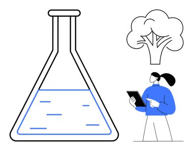 Sıvı ile laboratuvar şişesi, doğayı sembolize eden ağaç, tabletli bilim adamı. Sürdürülebilirlik, araştırma, yenilik, çevre, teknoloji, eğitim için ideal basit iniş sayfası