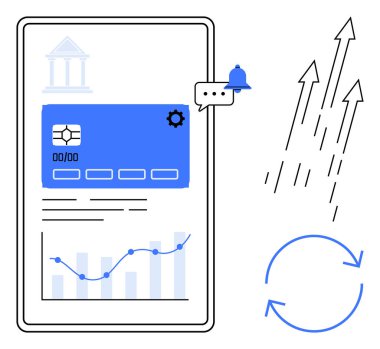 Mobil uygulama ekranında ödeme verileri, bar tablosu, çizgi grafiği, dişli, banka direği, oklar ve tazeleme simgesi var. Finans, fintech bankacılık teknolojisi veri analizi yatırım yeniliği için ideal