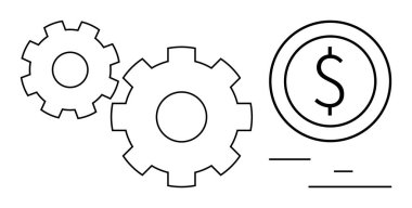 Bir doların yanında hareket eden birbirine bağlı vitesler operasyonel verimliliği, ekonomiyi ve karlılığı sembolize ediyor. İş, finans, endüstri, takım çalışması, büyüme, yenilik ve basit