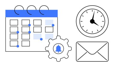 İşaretli olaylarla dolu bir takvim, bir saat, bir zarf ve planlama, hatırlatıcılar, iletişim ve iş akışı olan bir çan. Zaman yönetimi, organizasyon verimlilik planı için ideal