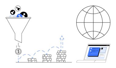 Huni filtreleme kullanıcıları, gelir üretme, madeni para istifleme, dünya ikonu, dizüstü bilgisayar ekranı. Ticari büyüme, analitik, dönüşüm stratejisi, satış hunisi küresel iş çevrimiçi pazarlama için ideal