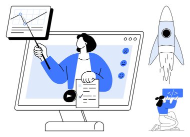 Ekranda veri analizi çizelgesi sunan kadın profesyonel, büyümeyi simgeleyen roket fırlatma, programcı kodlaması. İş stratejisi, ilerleme, yenilik, teknoloji eğitimi, eğitim ve büyüme için ideal