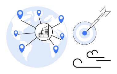 Konum işaretleyicili harita, merkezi bir fabrika ikonu, dartlı hedef, ve soyut hareket çizgileri. Küreselleşme, strateji, odaklanma, başarı, lojistik yerleşim temelli planlama ve yenilik için ideal