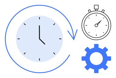 Zamanı simgeleyen oklu saat, kesinlik için kronometre ve üretkenlik için vites. Zaman yönetimi, verimlilik, planlama, iş akışı, verimliliği optimizasyon için ideal. Temiz daire