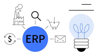 Fabrika, büyüteç, alışveriş arabası, dolar, e-posta ve yenilik ikonu ile bağlantılı merkezi ERP kavramı. İş, teknoloji, otomasyon yönetimi, finans yenilik organizasyonu için ideal