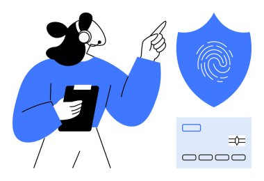 Kulaklık takan profesyonel bir kadın parmak izi ve ödeme kartıyla rozete doğru hareket ediyor. Siber güvenlik için ideal, çevrimiçi ödeme, kimlik doğrulama, veri koruma, müşteri