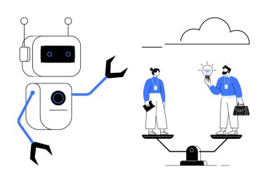 İki insan denge ölçeğinde fikirleri tartışırken robot elini uzatıyor. Yapay zeka, takım çalışması, karar verme, yenilik, denge, otomasyon, bulut teknolojisi için ideal. Basit düz metafor