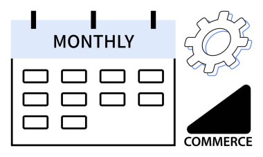 Takvim, aylık olarak bir dişli ve ticaret üçgeninin yanına etiketlenmiş. Planlama, planlama, iş akışı, ekommerce, verimlilik, zaman yönetimi ve işlemler ön plana çıkıyor. Basit düz metafor