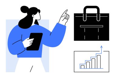 Elinde tablet tutan bir kadın, bir tablet ve iş başarısını ve yeniliği temsil eden bir evrak çantası taşıyor. Pazarlama, ilerleme, strateji, yatırım, liderlik, girişimcilik için ideal