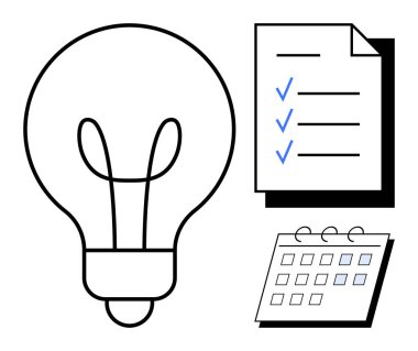 Ampul, işaretli görevleri olan kontrol listesi ve spiral takvim beyin fırtınası, hedef takibi, zaman yönetimi ve verimliliği simgeliyor. İş için ideal, yaratıcılık, strateji organizasyonu