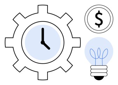 Üretkenliği, verimliliği, finansal planlamayı, yeniliği, stratejiyi, hedef ayarını ve basit bir düzlemde yaratıcı düşünmeyi simgeleyen saat yüzlü, dolar sikkesi ve ampul anahatlı bir vites.