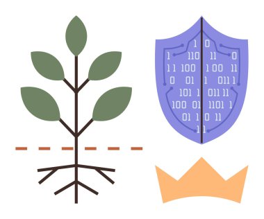 Büyümeyi sembolize eden köklü bitki, siber güvenlik için ikili kodlu mor dijital kalkan, liderlik için turuncu taç. Sürdürülebilirlik, koruma, teknoloji, doğa, liderlik için ideal