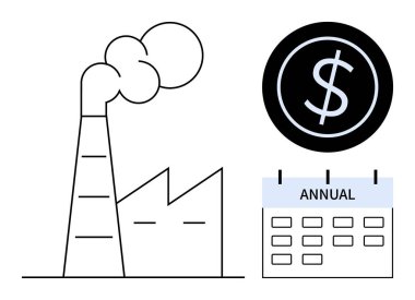 Duman yayan fabrika, dolar sikke ve yıllık takvim endüstriyel üretimi, karı ve finansal planlamayı yansıtıyor. Ekonomi, yatırım, üretim, büyüme analizi imalatı için ideal