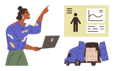 Bilgisayarı veri tablosuna bakan kişi, profil simgesi. Paketlerle dolu bir kargo kamyonu. Lojistik, planlama, tedarik zinciri, analiz, nakliye, takım eğitimi için ideal basit düz metafor