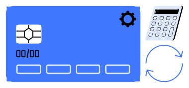 Mavi kart, çip, hesap makinesi ve ödeme, finans, bütçe, işlemler, bankacılık, muhasebe dijital para birimi ve otomasyonu sembolize eden iki dairesel ok. Basit bir daire için ideal