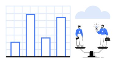 Verileri dengeli ölçekte iki profesyonelle birlikte analiz eden bar tablosu, fikir paylaşımı ve sıralı hedefler. Takım çalışması, eşitlik, çeşitlilik, karar verme, performans, strateji için ideal