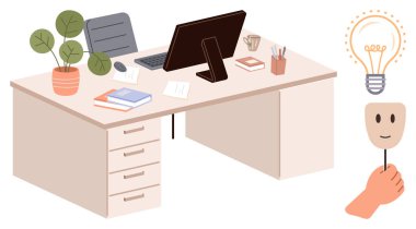 Bilgisayar, bitki, kitap, kahve ve kırtasiye malzemeleriyle modern ofis masası. El ele tutuşan maske ve parlayan ampul yaratıcılığı, yeniliği, kimlik takım çalışmasını ve fikirleri temsil eder. İdeal