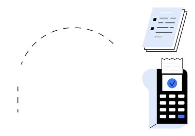 Ödeme terminali makbuz üretiyor, yanında tamamlanmış listeler yığını. Ödeme işlemleri, işlemler, fatura, muhasebe, perakende, üretkenlik araçları, basit düz metafor