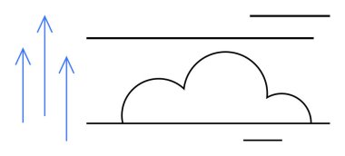 Bulut yukarı doğru üç mavi okla siyah çizilmiş, gelişimi, yeniliği ve teknolojiyi sembolize ediyor. Bulut hesaplama, veri iletimi, büyüme, yaratıcılık, gelecekteki çözümler için ideal basit