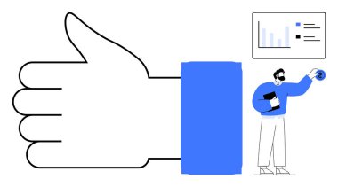 Elinde dosya tutan ve grafikle bir konsepti resmeden bir adamın yanında büyük baş parmak işareti. Takım çalışması, başarı, başarı, pozitiflik, iş dünyası, üretkenlik ve iletişim için ideal. Basit.