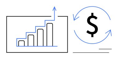 Yukarı doğru ok ile çizelge, para birimi simgesinin yanında finansal ciroyu simgeleyen geri dönüşüm oklarıyla büyümeyi sembolize eder. Büyüme, finans, kâr, strateji, sürdürülebilirlik ve yatırım için ideal