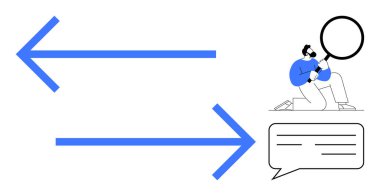 Mavi oklar zıt yönleri gösteriyor. Bireysel olarak büyüteçle metin baloncuklarını inceliyor. İletişim, analiz, karar verme, odaklanma, araştırma ve değişim için ideal. Basit.