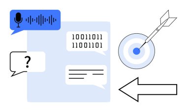 Ses sinyalli konuşma baloncukları, ikili kod, metin, soru işareti, hedefin ortasında büyük ok ve dart. Teknoloji, yapay zeka, veri iletişimi pazarlama problem çözme stratejisi için ideal