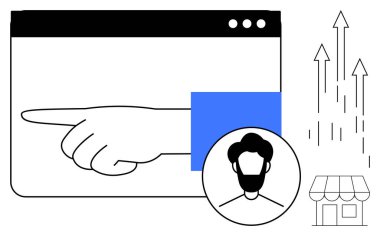 Tarayıcı penceresinin içinden profil avatarına, mağaza önü simgesine ve büyümeyi simgeleyen yukarı doğru uzanan oklar. Teknoloji, e-ticaret, iş büyümesi, kullanıcı odaklı, perakende, çevrimiçi için ideal