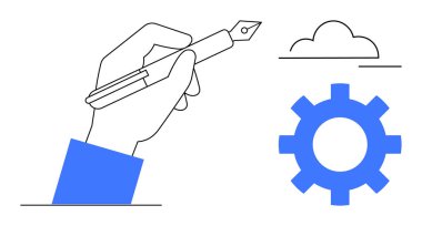 Teçhizat ve bulut simgelerinin yanında dolma kalemle el yazısı. Yaratıcılık, yenilik, iş akışı, problem çözme, beyin fırtınası, teknoloji ve verimlilik için ideal. Basit düz metafor