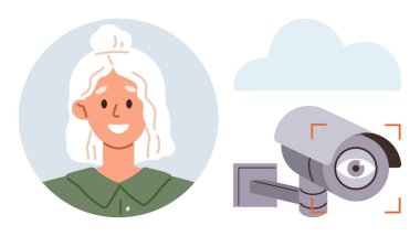 Kameranın yanında gülümseyen bir kadın. Basit bir daire içinde güvenlik, güvenlik, gizlilik, izleme, teknoloji, kimlik doğrulama ve kişisel veri temaları için ideal