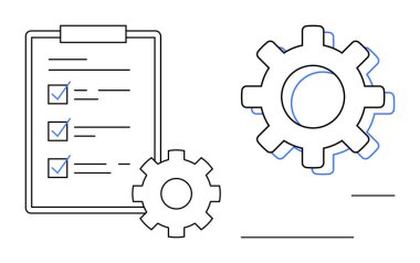 İşlemleri, süreçleri ve verimliliği gösteren kontrol listesi ve vitesli pano. Üretkenlik, yönetim, organizasyon, otomasyon, sistem takım çalışması için ideal. Basit düz metafor