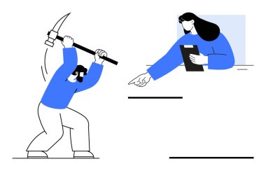 Maden çıkarmak için kazma sallayan bir adam, elinde pano tutan bir kadın. Takım çalışması, iş gücü, yönetim, talimatlar, denetim, verimlilik, basit iniş sayfası için ideal