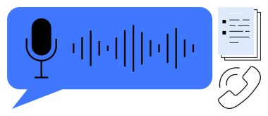 Ses dalgası içinde ses kaydını sembolize eden mikrofon transkripsiyon kağıtları, iletişim için telefon. Ses teknolojisi, konuşma metni, transkripsiyon, podcast için ideal