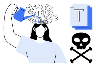 Sulama başları, filizlenen çiçekler, istiflenmiş metin blokları ve kafatası çapraz kemikleri. Kişisel bakım, yaratıcılık, kişisel büyüme, farkındalık, denge, farkındalık ve basit bir iniş sayfası için ideal