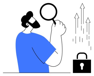 Adamın elinde büyüteç, kilit sembolü güvenliği simgeler, oklar da büyümeyi simgeler. Araştırma, güvenlik, büyüme stratejisi, soruşturma, gizlilik süreci analizleri için ideal. Basit düz metafor