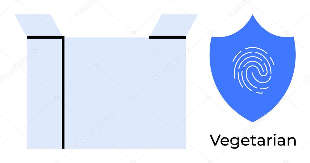 Open cardboard box next to shield with fingerprint design and Vegetarian label. Ideal for food safety, ethical choices, eco-packaging, security, brand trust, authenticity, simple flat metaphor