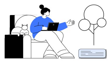 Kanepede elinde dizüstü bilgisayarla oturan bir kadın iletişim kurarken el kol hareketi yapıyor. Yanında bir kedi dinleniyor. Açık hava yeşilliği ve kliması var. Uzaktan çalışma ve ev hayatı için ideal