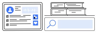 Kullanıcı tıbbi verileri, sağlık ölçümleri, kalp ikonu, kitap yığını ve arama çubuğu içeren tablet. Sağlık, tıbbi araştırma, öğrenme, veri yönetimi eğitimi için idealdir. Çevrimiçi kütüphane sade iniş