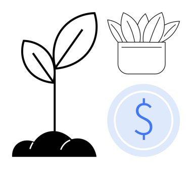 Topraktaki genç filizlenen bitki, saksı bitkisi ve dolar işareti büyümeyi, sürdürülebilirliği ve zenginliği temsil ediyor. Finans, yatırım, ekoloji, iş stratejisi tasarruf tarımı için ideal