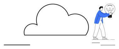 Bulut sembolü, elinde ampul tutan kişi. Yenilik için ideal, bulut depolama, eko-teknoloji, bağlantı, bulut hesaplama, sürdürülebilirlik, modern fikirler. Basit düz metafor