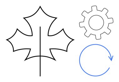 Yaprak çizgisi, çark ve dairesel ok, doğanın uyumunu, yeniliğini ve sürdürülebilirliğini gösteriyor. Ekoloji, teknoloji, yenilenebilir enerji, üretim süreci geri dönüşümü için ideal